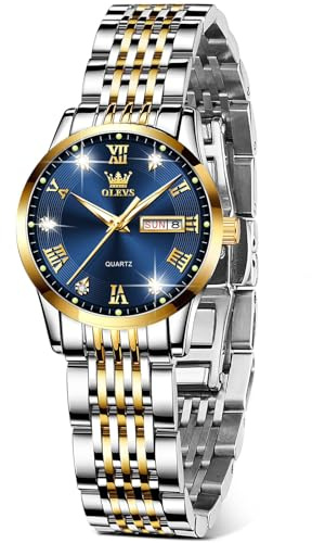OLEVS Bicolore Orologio Donna Analogico Acciaio Inossidabile Numeri Romani Blu Orologi Impermeabile Donna Piccolo Quadrante con Data Luminoso Facile da Leggere