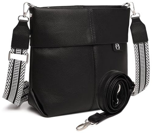 Myhozee Umhängetasche Damen Mittelgroß Handtasche Schwarz - Klein Crossbody Bag PU Leder mit 2 Gurt, Schultertasche Tasche Damenhandtasche Uni mit Breitem Gurt für Frauen/Damen