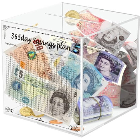 Viitech Alcancía transparente de 15 x 15 x 15 cm que se debe romper para abrir, con plan de ahorro de 365 días y bolígrafo, caja cuadrada de acrílico transparente para ahorrar dinero, monedas y dinero