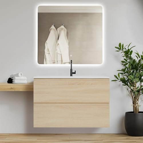 Homestyle4u 2665, Badmöbel Set 3 teilig Badspiegel LED Waschtisch mit Unterschrank 80 cm Waschbeckenunterschrank hängend