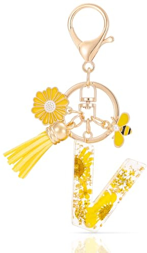 MWOOT Letter Keychain Initiale Schlüsselanhänger Buchstabe,Alphabet Harz Blume Key Chain mit Gänseblümchen Biene Quaste Anhänger Handtasche Geldbörse Charm,Gelb Blütenblatt Keyring für Frauen