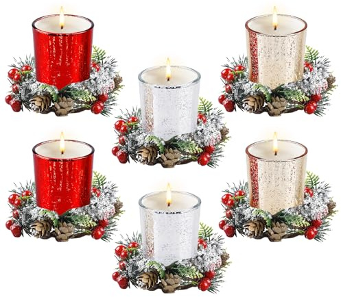 6 stycken julljushållare, Adventsljusstake, Ljushållare, med ljusring, jul värmeljusglas, juldekorationer, bordsdekoration, med julkrans, lämplig för jul, bröllop