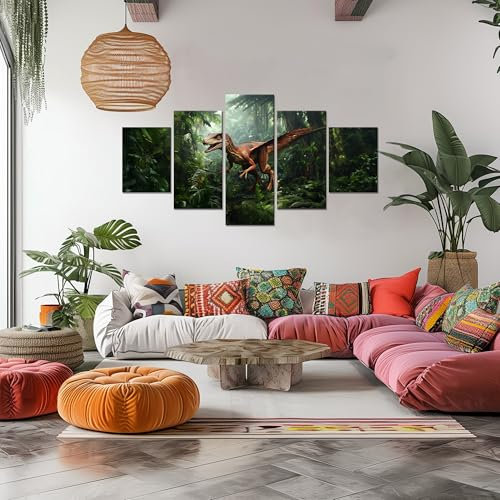 Velociraptor Dinosaurier-Poster, Wandkunst, Jurassic-Wanddekoration, Bild, Urgeschichte, Leinwanddruck, Gemälde, gerahmt, Zuhause, Wohnzimmer, Jungenzimmer, Dekoration, 5 Paneele (152,4 x 81,3 cm)