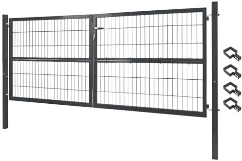 V2Aox Gartentor Tor Gartenzaun Zaun 300x120 cm Doppelflügelig Gartentür aus Metall für Stabmattenzaun Abschließbar inkl. Pfosten Grau
