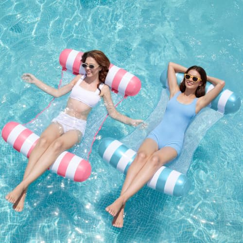 Sloosh 2 Packs Strip Type Hammock Pool Floats Adults, 4-in-1 Multi-Purpose Inflatable Pool Floats PVC Water Hammock Lounge Floaties(Aqublue.Pink)
