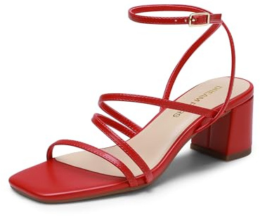 DREAM PAIRS Womens Block Heels Strappy Sandals,Red-Pu,5.5