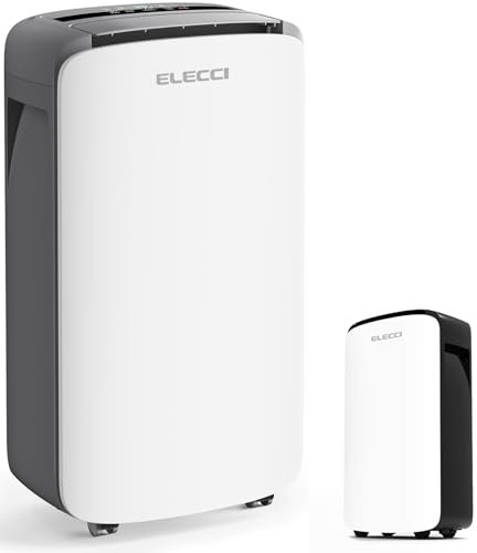 ELECCI 12L/Day Dehumidifier for Home and Basement, Quiet Moisture Remove Intelligent Humidity Control with Drain Hose and Water Tank, Sleep Mode, Laundry Drying, Eco-friendly, 24 Hour Timer