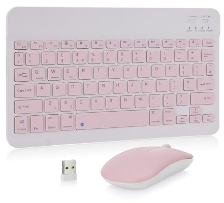 MAYPHY Mini tastiera wireless e mouse, tastiera Bluetooth portatile, 2,4 G/BT Dual Mode per iPad, tablet, laptop, tasti silenziosi e design compatto, layout UK, rosa