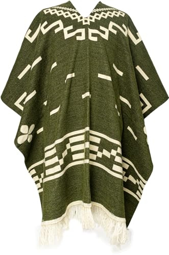 Poncho Alpacka västerstil Clint Eastwood geometrisk andinsk handgjord hantverkare Ecuador mjuk och varm, grön, One Size
