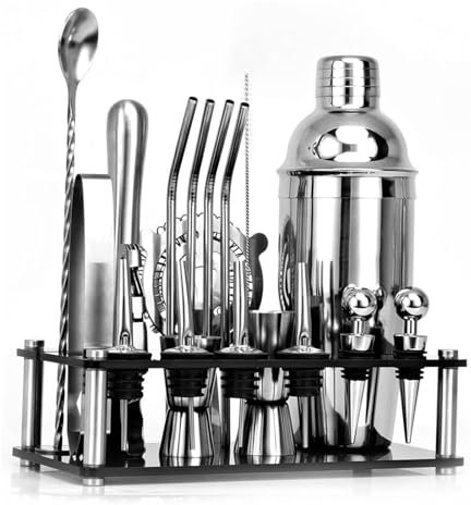 Kit de coctelera Juego de coctelera de 20 piezas, kit de coctelería con herramientas de barra de acero inoxidable con soporte acrílico negro, coctelera de 25 oz para mezclar bebidas Juego de coctelera