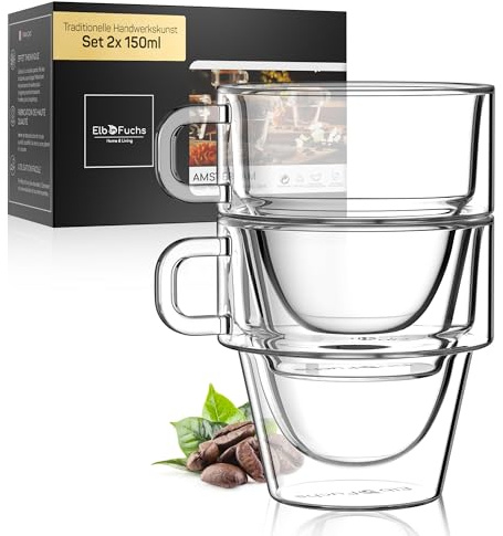 ElbFuchs® Tazas de espresso 2x150 ml apilables | Vasos térmicos de cristal con doble pared y asa | Ideales para café espresso y moka