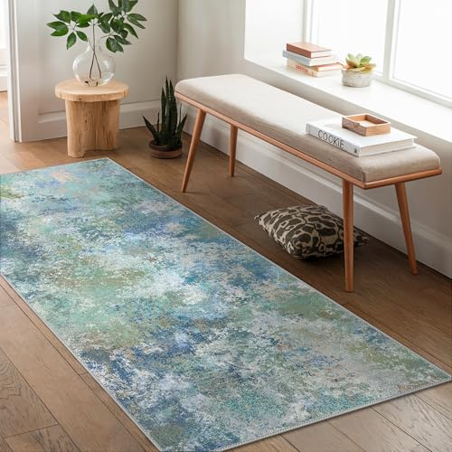 GENIMO Washable Bedroom Runner Rug 80x150cm - Soft Short Pile Non-Slip Carpet Runners, Durable, Easy Clean Rug for Hallway, Bedroom (Aqua)
