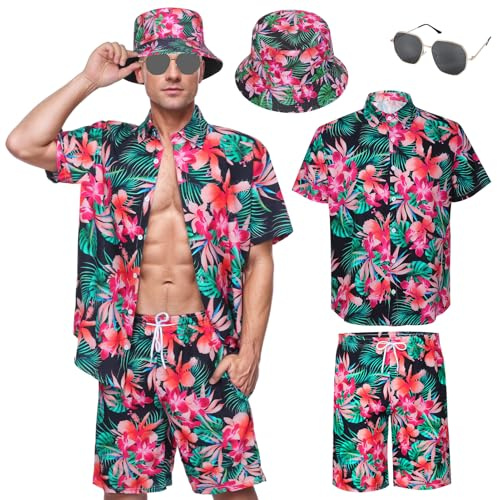 Moerstar Chemise Hawaïenne Manches Courtes, Chemise a Fleur Homme avec Short Chapeau, Chemisette Homme pour l'Été, la Plage, les Fêtes