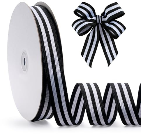 FAKILO Nastro in grosgrain a righe bianche e nere su entrambi i lati, per confezioni regalo, Natale e Halloween, decorazioni per matrimoni, decorazioni fatte a mano (2,5 cm x 45 m)