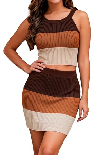CTSFWOICSTE Conjunto sexy de verano de 2 piezas para mujer, de punto, bodycon, club, cita, noche, salir, falda para playa, club, fiesta, ombliguera y falda, color marrón medio, talla M 06