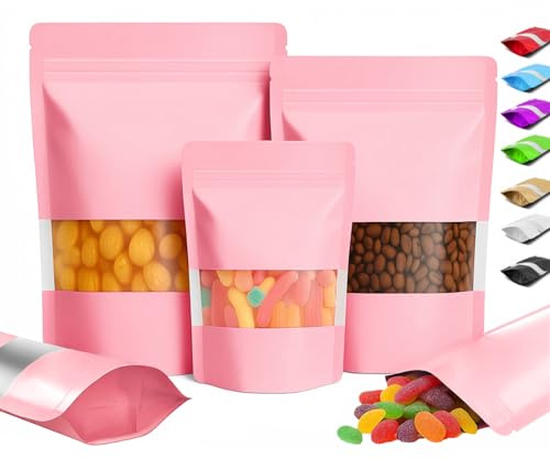Plaphy 100-pack Återförslutbara Stående Aluminiumfolie Zippåsar med Fönster, Matta Färgade Stand up Ziplock Mylarpåsar, Lufttäta Doypack för Förpackning och Förvaring Livsmedel (Rosa, 15 x 22 cm)