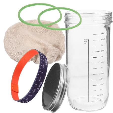 SHINEOFI Barattolo di Lievito Madre in Vetro 730Ml Coperchio Ermetico e Bilancia Integrata Contenitore Sigillato per Fermentazione Naturale Copertura Traspirante per Panificazione