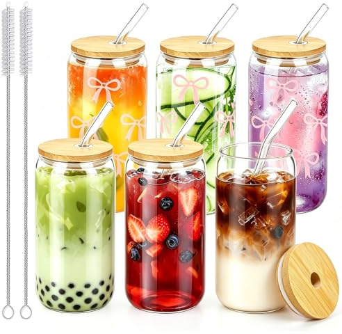 Mxdzshy 6 Pezzi Bicchieri di Vetro con Coperchi e Cannucce 500ML | Bicchiere da Birra a Forma di Lattina Tazze di Vetro Riutilizzabili per Caffè Freddo Bubble Tea Matcha Latte Cocktail
