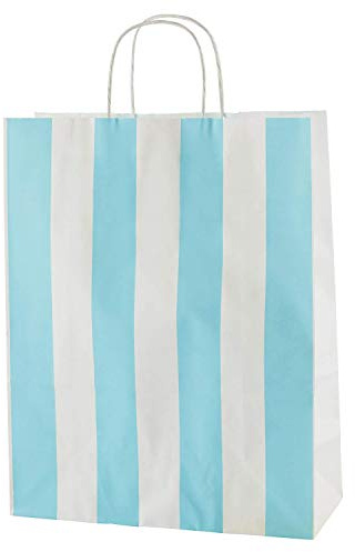 Thepaperbagstore 20 högkvalitativa papperspåsar med tvinnade handtag - ljusblå och vita ränder - medium 250 x 110 x 310 mm