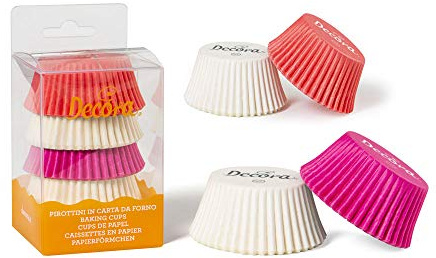 DECORA, 0339745 Pirottini Bianco Rosa Fucsia, Comodissimi Pirottini per Cuocere, Presentare e Regalare Muffin, Resistono fino a 220°, In comodo Blister