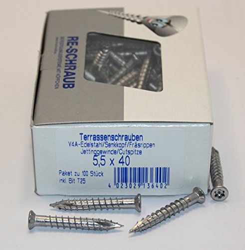 RE-SCHRAUB 5,5 x 40 mm Edelstahl A4 Torx TX 25 Terrassenschrauben rostfrei V4A von 100-1000 Stück wählbar (100)