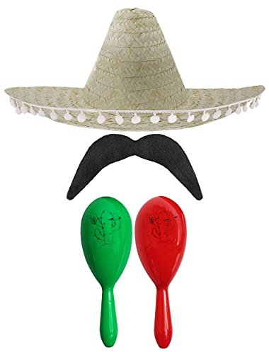 MEXIKANSK FANCY TRÄDGÅRDSTILLBEHÖRSSET - MEXIKAN SOMBRERO MED MARACAS OCH PÅ NATURAL POM POM SOMBRERO + grön och röd MARACAS