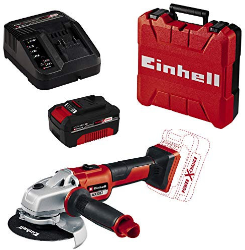 Einhell Akku-Winkelschleifer AXXIO Power X-Change (18 V, ohne Ladegerät und ohne Trennscheibe) + Starter Kit Akku und Ladegerät Power X-Change (4,0 Ah Akku und Schnellladegerät) + Koffer E-Box S35