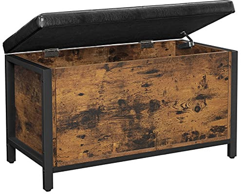 VASAGLE Sitzhocker, Sitzbank, Betttruhe mit Stauraum, gepolsterte Truhe, Flur, Schlafzimmer, Wohnzimmer, Metall, einfacher Aufbau, Kunstleder, Industriestil, vintagebraun-schwarz LSC80BX