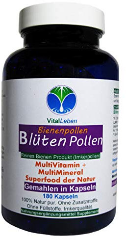 BLÜTENPOLLEN Bienenpollen 180 Pulver Kapseln OHNE ZUSATZSTOFFE natürliche Vitamine Mineralien Antioxidantien. Reine Imkerpollen, Imkerqualität. Kalt vermahlen. 100% NATUR pur. 27000-180