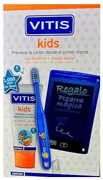 Vitis Kids PACK Gel Dentífrico Con Fluor Sabor Cereza, 50ml (+de 6 meses) +Cepillo Dental +3 AÑOS, REGALO PIZARRA MÁGICA.