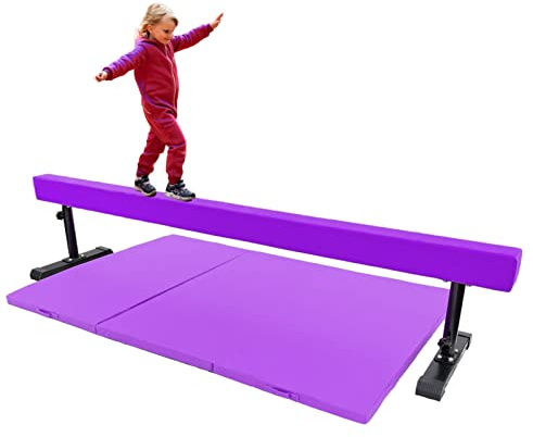 Athletic Bar 8FT Adjustable Acrobatic Tube Beam with 6FT x 4FT Gymnastics Tumble Mat for Kids/Adults, High and Low Level Suede Balance Beam Gymnastics Competition Training Beam Expandable Legs, Purple