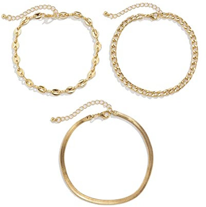 Bishilin Fußkettchen Boho, Fußkette 3er Set Damen Gold Schlangenkette Panzerkette und Bohnenkette Fußkettchen Charm Fußkette Urlaub 27CM