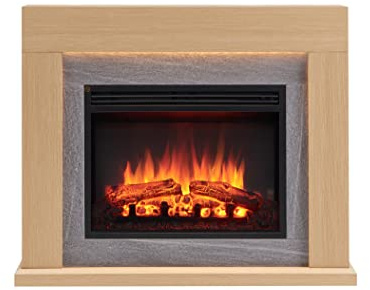 BALDERIA Apollon Elektrokamin - Elektrischer Standkamin mit Heizung 1000/2000 W, realistischer 3D-Flammeneffekt, LED-Beleuchtung, Fernbedienung programmierbar, Timer, Thermostat, Hellbraun