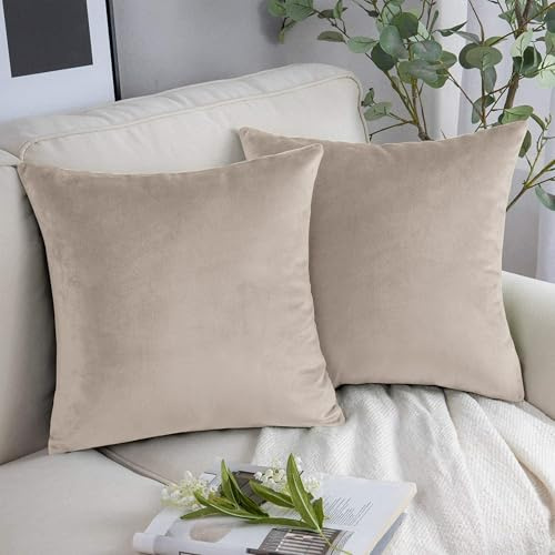 Yorkshire Bedding Cushion Covers 45 x 45 (Pack of 2) - Decorative Velvet Square Throw Pillow Cases - Luxury Soft Beige Cushion Cover for Sofa Couch Bedroom with Invisible Zipper 18x18 Inches