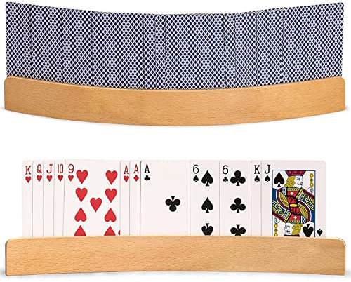 AMJKEJI 2 Pcs Playing Card Holder Stand, Solid Beechwood Holders Organizers Curved Shape Wooden Hands Free Poker Rack Organizer Holder