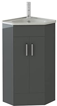 VeeBath Bathroom Cloakroom Vanity Basin Cabinet Unit Free Standing White High Gloss Sink Storage Furniture (Linx Corner Grey)