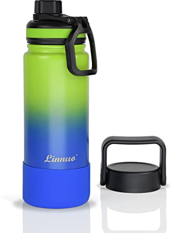 Linnuo Edelstahl Trinkflasche Kinder Sportflasche 600ml, Rutschfester Silikonboden mit 2 Deckel, Auslaufsichere Isolierflasche doppelwandig Thermoflasche für Fitness, Outdoor (Grün-Blau)