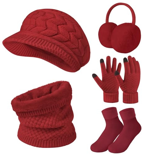 Niwicee Mütze Schal Handschuhe Damen Winter Set Dicke Socken Damen Plüsch Ohrenschützer Kombi Set Strickmütze Gestrickte Schal Wärmer Fleece Gefütterte Handschuhe Geschenke Für Winter
