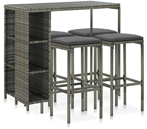 Festnight Juego de Bar de Mimbre para Exteriores de 5 Piezas, Mesas Altas y 4 Taburetes con Cojines, Muebles de Bar Jardín Exterior, Mesa con Tapa Lisa y Estante de Almacenamiento Gris#3