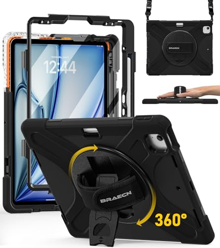 BRAECN Cover per iPad Air 13 - M4/M3/M2 2026/2025/2024 13 Pollici Nero | Antiurto Robusto Custodia con Integrato Pellicola Prottetiva, Portapenne, Supporto Girevole, Cinturino da Polso/Tracolla