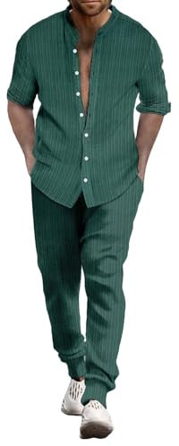 Junger Herrenanzug Slim Fit Herren Sommer Atmungsaktiv Zwei gerollte Ärmel Hemd Hose Set Herren Sportbekleidung Herren Zweiteilige Sportbekleidung, grün, S