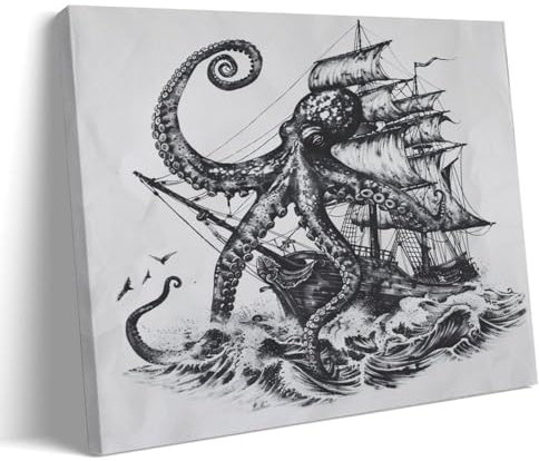 FYFMUSHE Rustikale maritime Vintage-Wandkunst, Gemälde, abstraktes Segeln, Oktopus, Boot, Bilder auf Leinwand, gerahmt, fertig zum Aufhängen, Kunstwerk für Schlafzimmer, Heimdekoration, 20 x 30