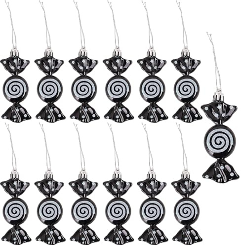 Lot de 12 décorations de sapin de Noël en forme de canne à sucre d'orge à paillettes en plastique à suspendre pour décoration de fête (bonbons noirs)
