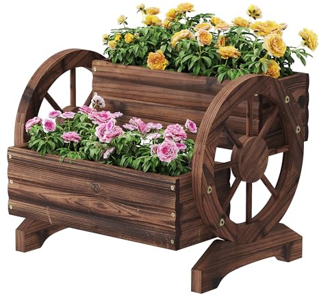 FILWH Wooden Wagon Planters for Outdoor Plants, Flower Cart, Wood Planter Boxes Outdoor, Backyard Decor, Flower Planters Outdoor with Wheels Planter for Flowers Vegetables (Carbonized)