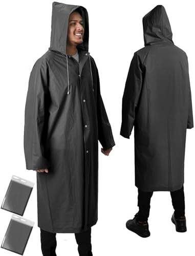 ANYOO Waterproof Rain Poncho 2 Pack Reusable Hooded Raincoats Rain Jacket with Long Sleeves for Women Men Camping, Hiking Travel, Black, One Size