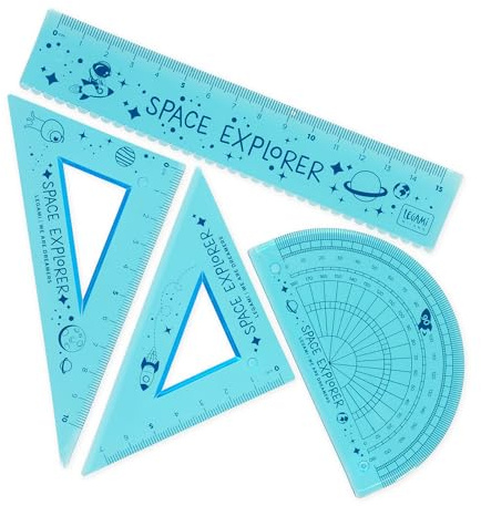 Legami - Geometri set, 15 cm linjal, 60° lag 10 cm, 180° gradskiva för skolan, fodral ingår, flexibelt material, rymdtema