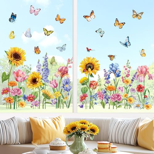 decalmile Fensterbilder Blumen Sonnenblume Schmetterlinge Fensteraufkleber | Statische Anti-Kollision Fensterdeko, Beidseitiger Druck, auf Beiden Seiten klar Sichtbar, Wasserdicht, Abnehmbar