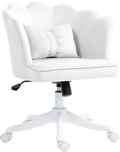 HOMCOM Bürostuhl Schreibtischstuhl mit Armlehne, Wippfunktion, Höhenverstellbar Kosmetikstuhl mit Samtoptik, Gepolstert Drehstuhl mit Breite Sitz für Schlafzimmer, Weiß