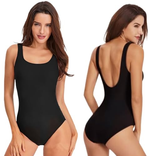 Women One Piece Swimsuit Swimming Costume Tummy Control Ladies Round Neck Swimwear Monokini with Removable Pads Sexy High Cut Low Back Bathing Suits (UK, Alpha, S, Regular, Regular, Black)