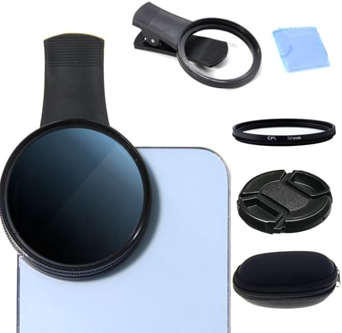 Filtre CPL universel 52 mm pour appareil photo de téléphone portable - Kit d'objectifs polarisants à clipser - Compatible avec iPhone 16, 15, 14, 13, 12, 11 smartphones Android